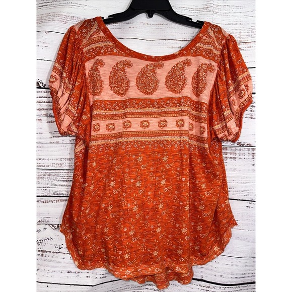 Free People Tops - Free People Fruit Punch Orange Paisley Puff Sleeve Boho Open Back Shirt Top M